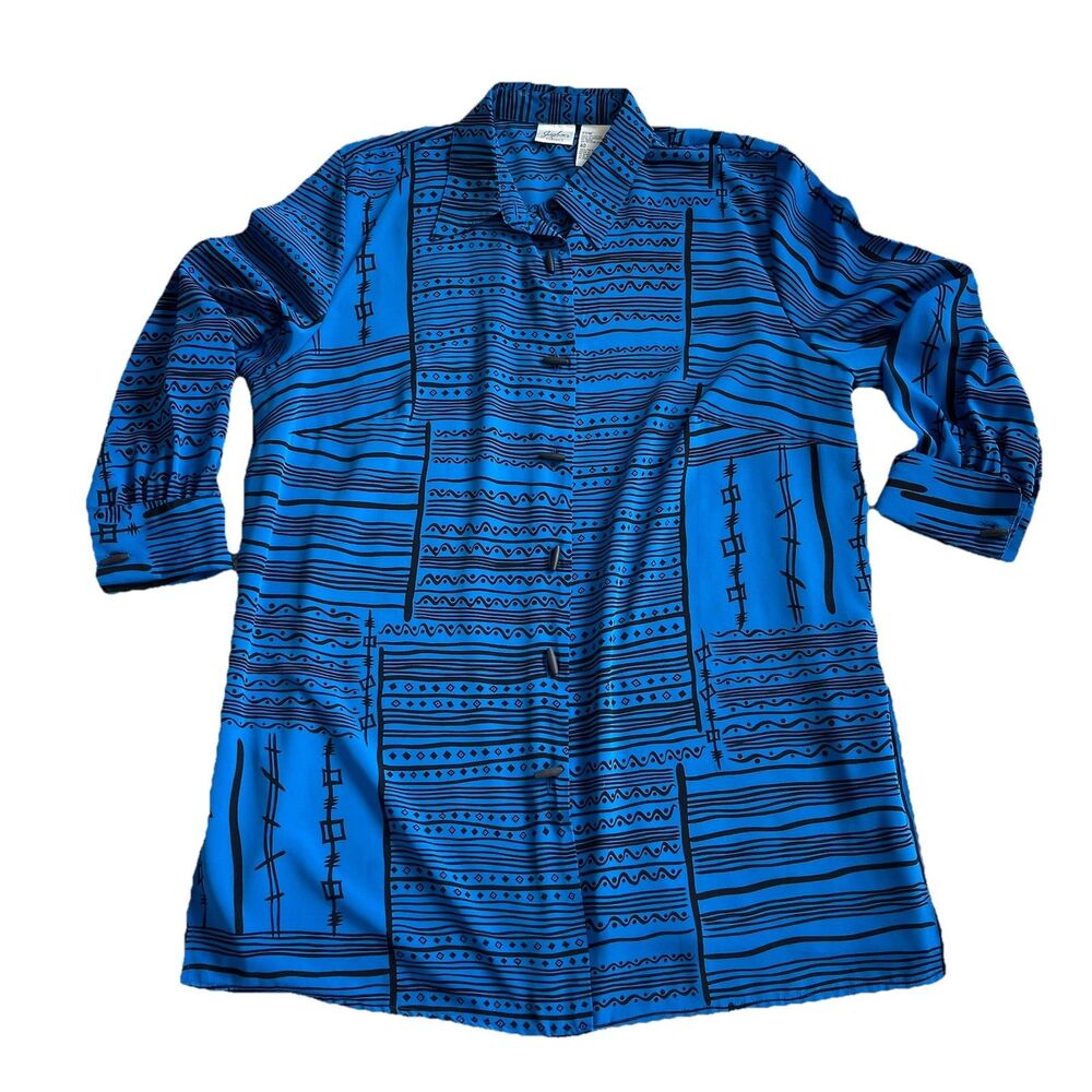 Jaclyn Smith Classics Plus Size 20W Blue Abstract Long Sleeve Button Up Top